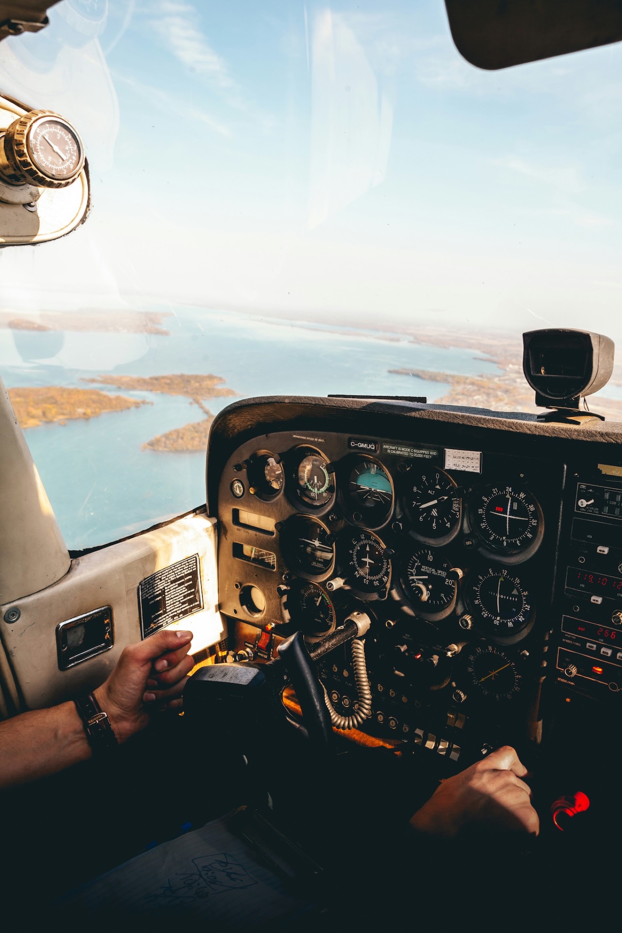 Aircraft cockpit view for ATC communication training context